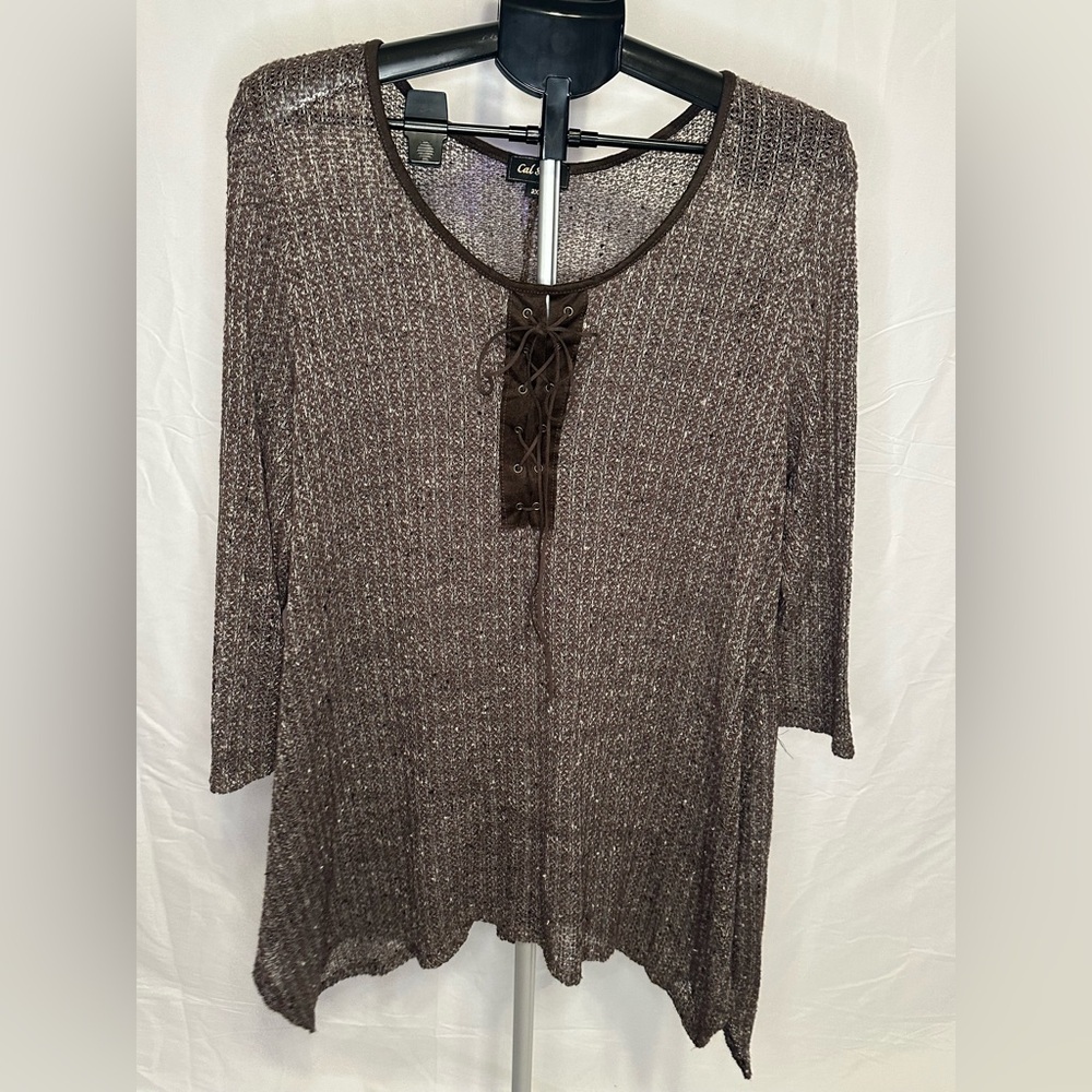 Brown Midi Dress with Lace-Up Detail & Loose Knit